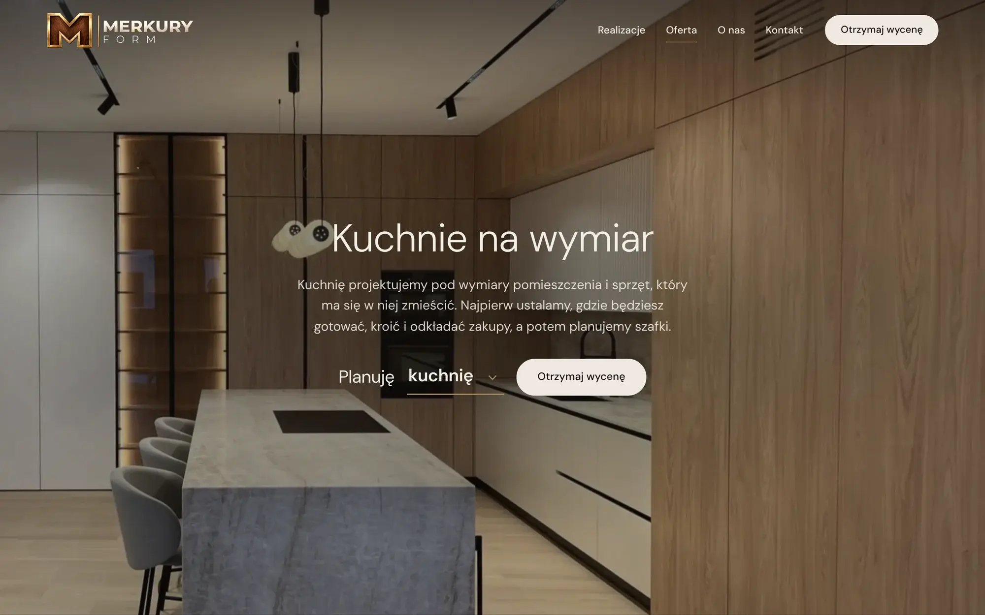 Podstrona „Kuchnie na wymiar” z szybkim wyborem „Planuję kuchnię” i przyciskiem „Otrzymaj wycenę”.