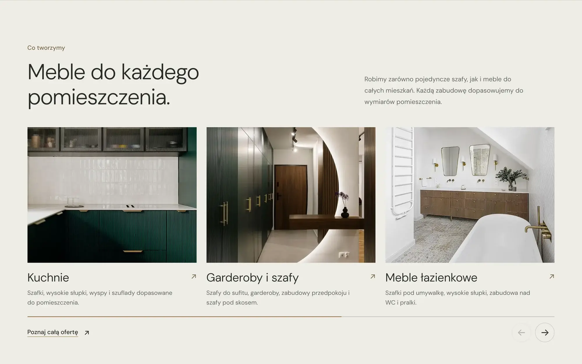 Karuzela „Meble do każdego pomieszczenia.” z kategoriami mebli i strzałkami.