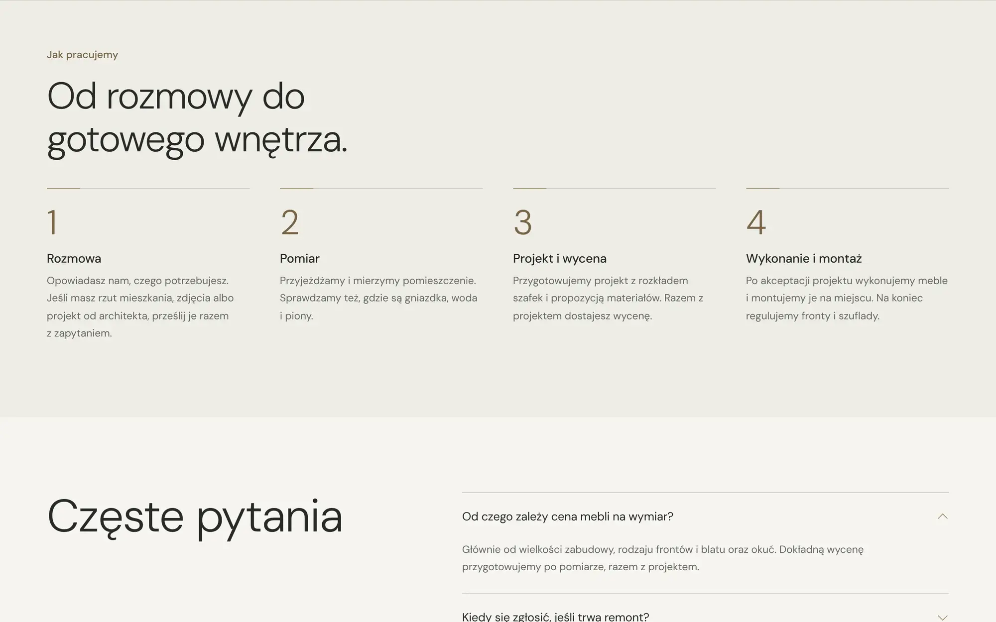 Cztery etapy „Od rozmowy do gotowego wnętrza.” i częste pytania z rozwiniętą pierwszą odpowiedzią.