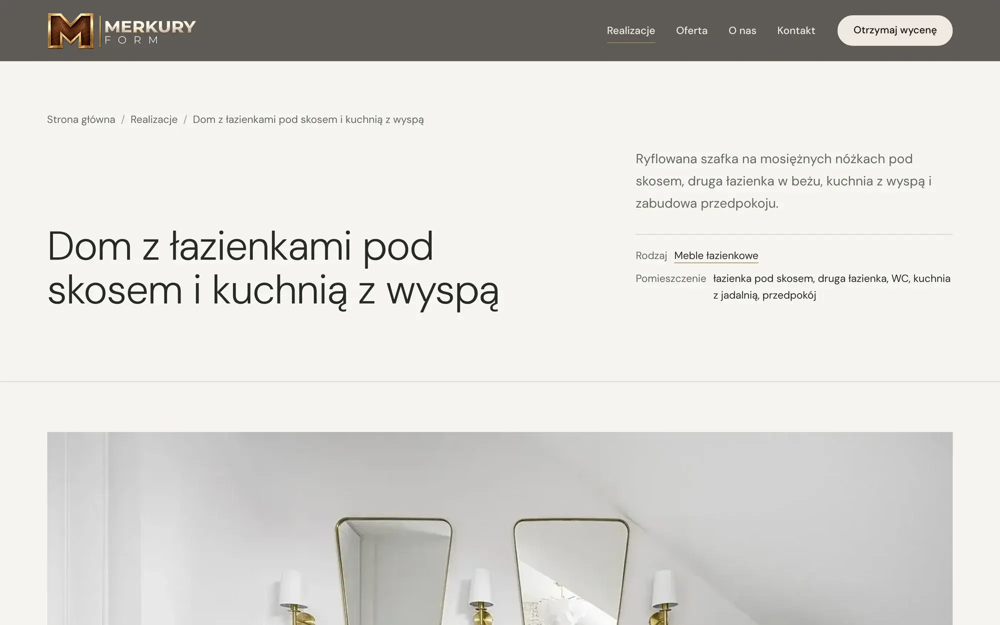 Opis realizacji „Dom z łazienkami pod skosem i kuchnią z wyspą” z polami „Rodzaj” i „Pomieszczenie” nad galerią.