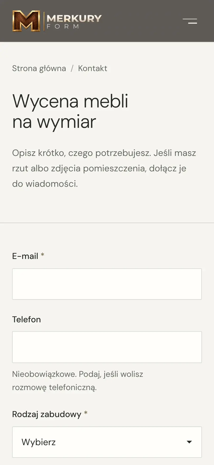 Nagłówek „Wycena mebli na wymiar” i początek formularza Merkury Form na telefonie.