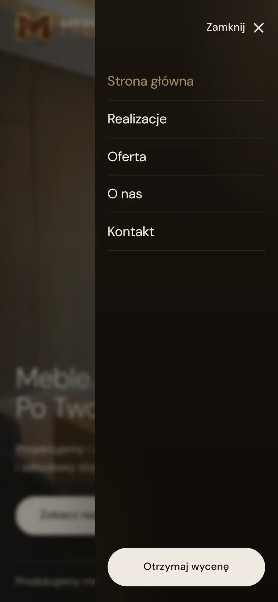 Otwarte menu mobilne Merkury Form, wysuwane z prawej, z przyciskiem „Otrzymaj wycenę”.