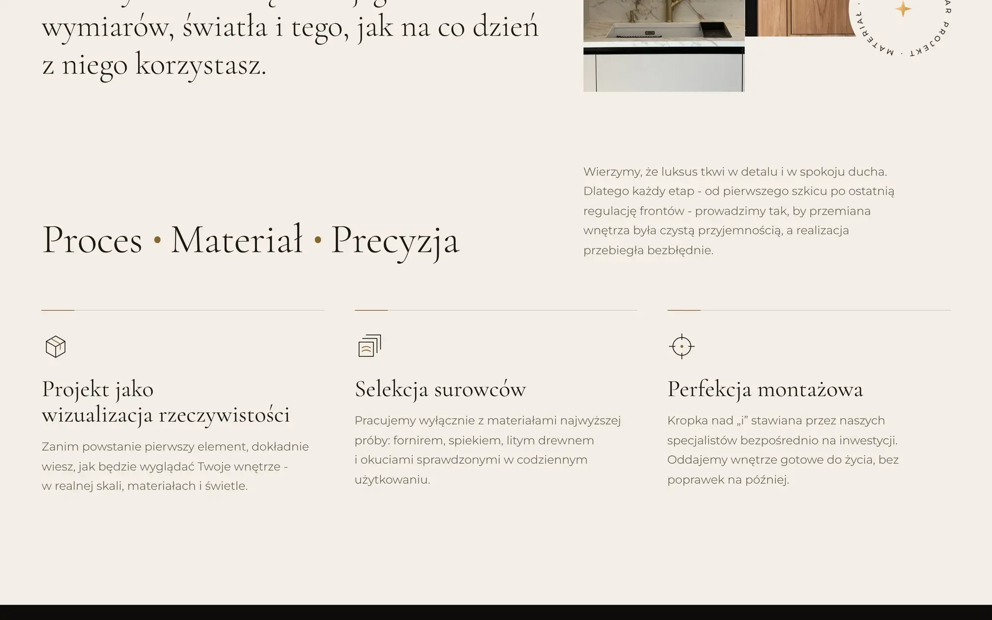 Część „Proces · Materiał · Precyzja” z trzema filarami pracy Tavaro Projects i ikonami.