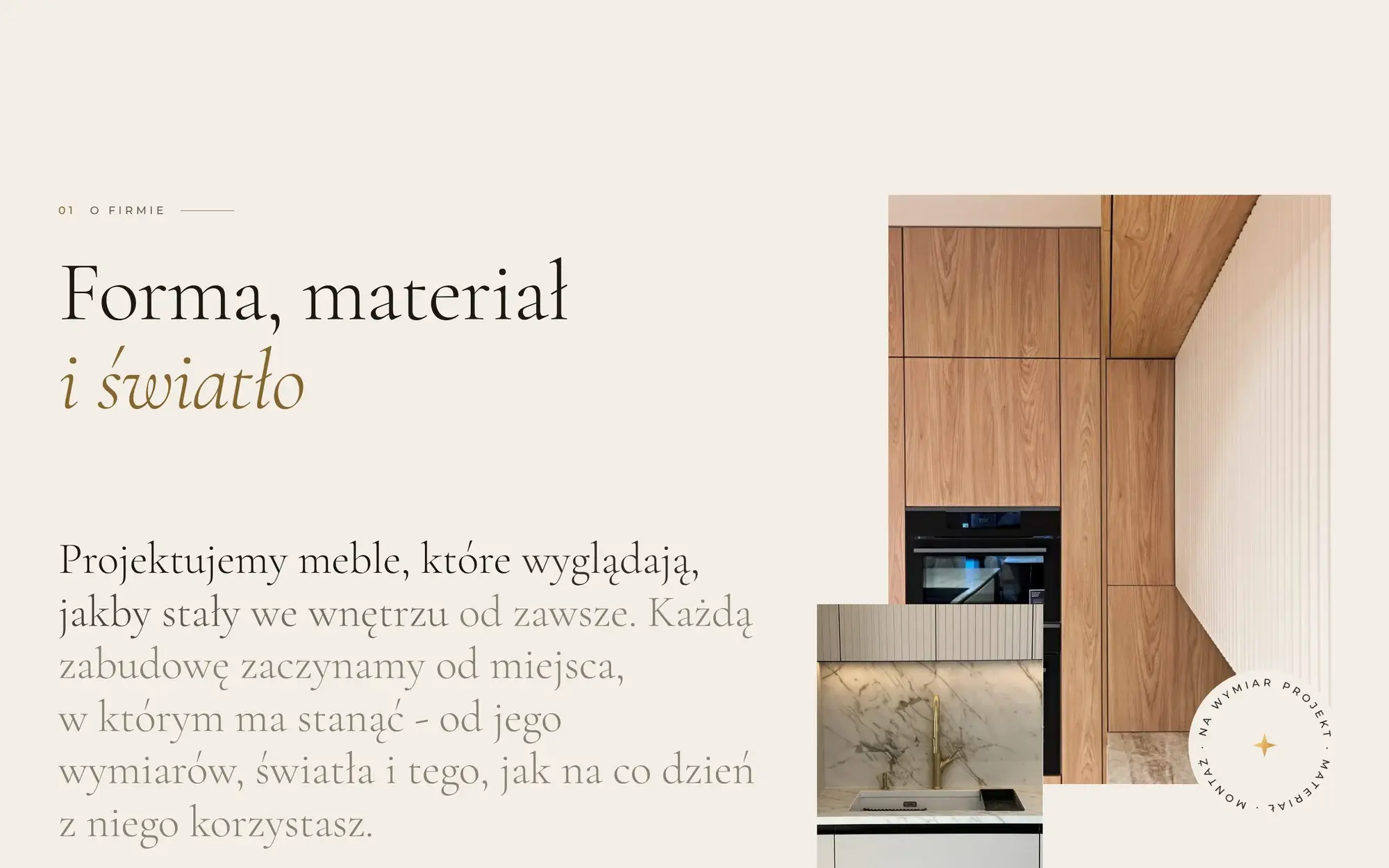 Sekcja „O firmie” Tavaro Projects z nagłówkiem „Forma, materiał i światło”, zdjęciami zabudów i okrągłą plakietką.
