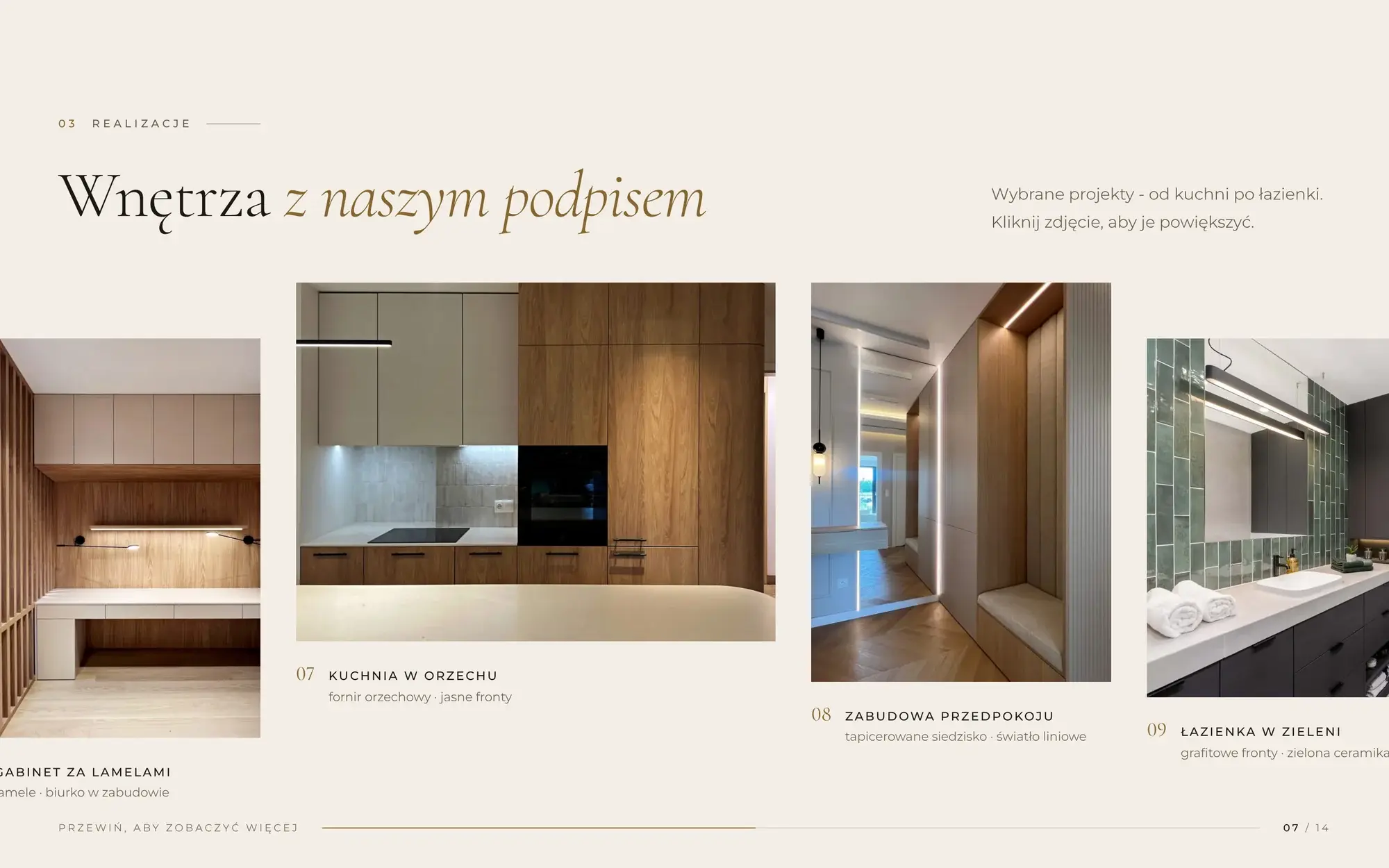 Galeria Tavaro Projects przewijana w poziomie, w połowie toru, z paskiem postępu.