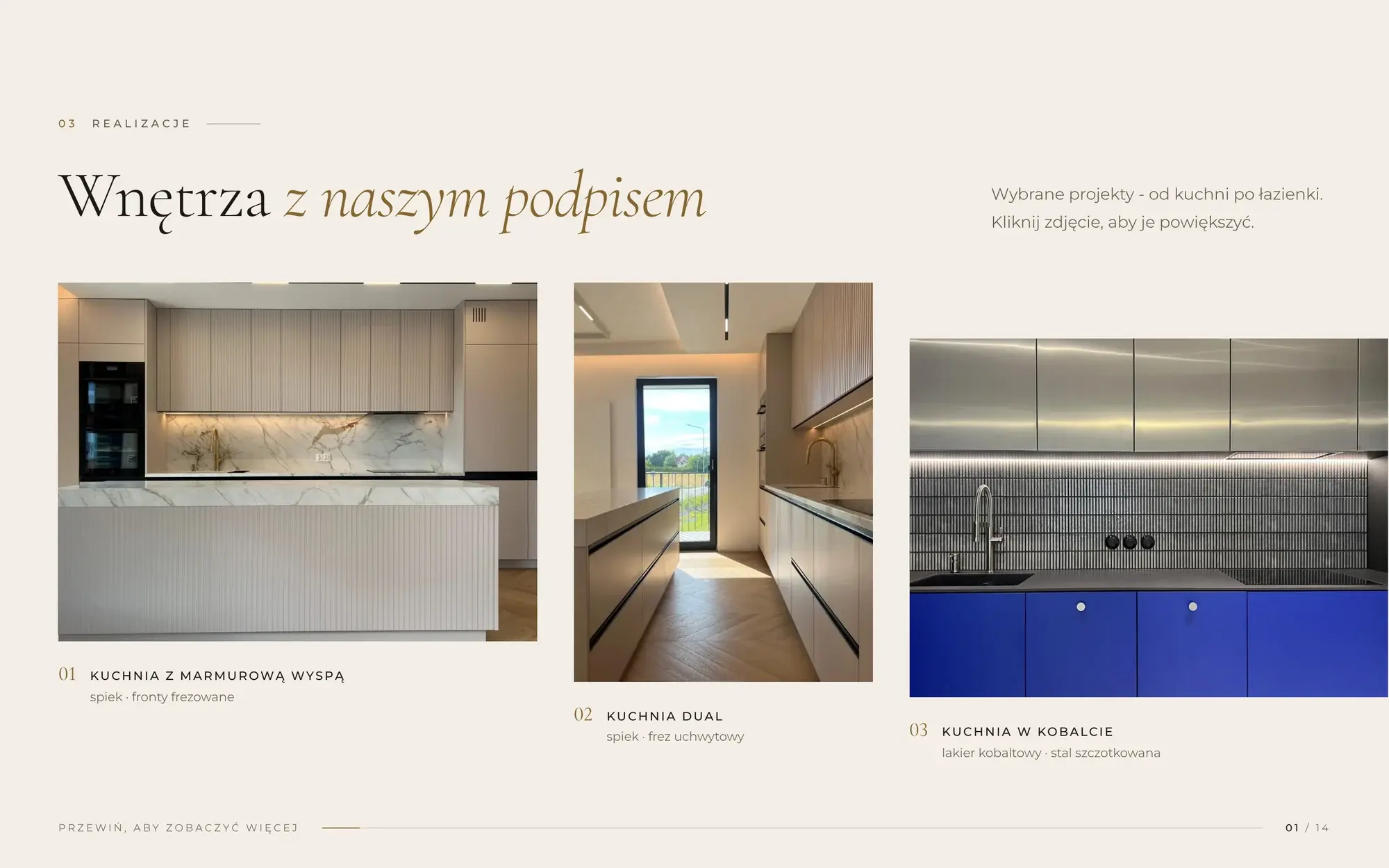 Początek galerii Tavaro Projects „Wnętrza z naszym podpisem” z pierwszymi realizacjami i licznikiem.