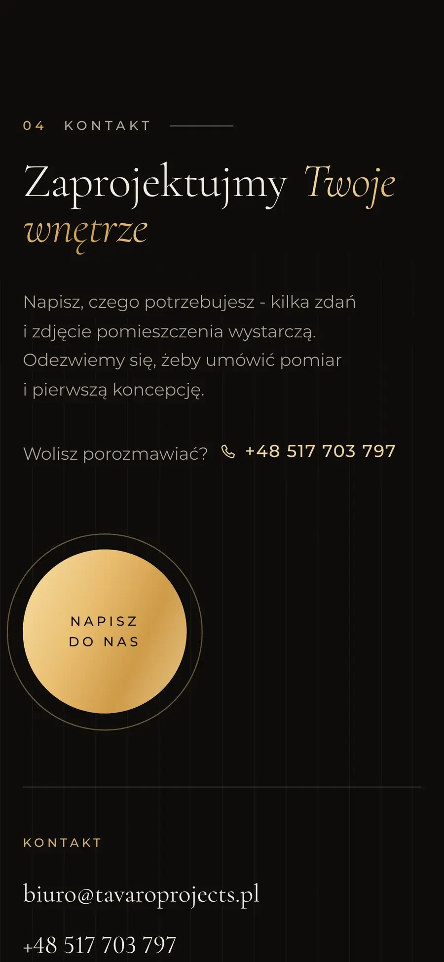 Sekcja kontaktu Tavaro Projects na telefonie ze złotym przyciskiem „Napisz do nas”.