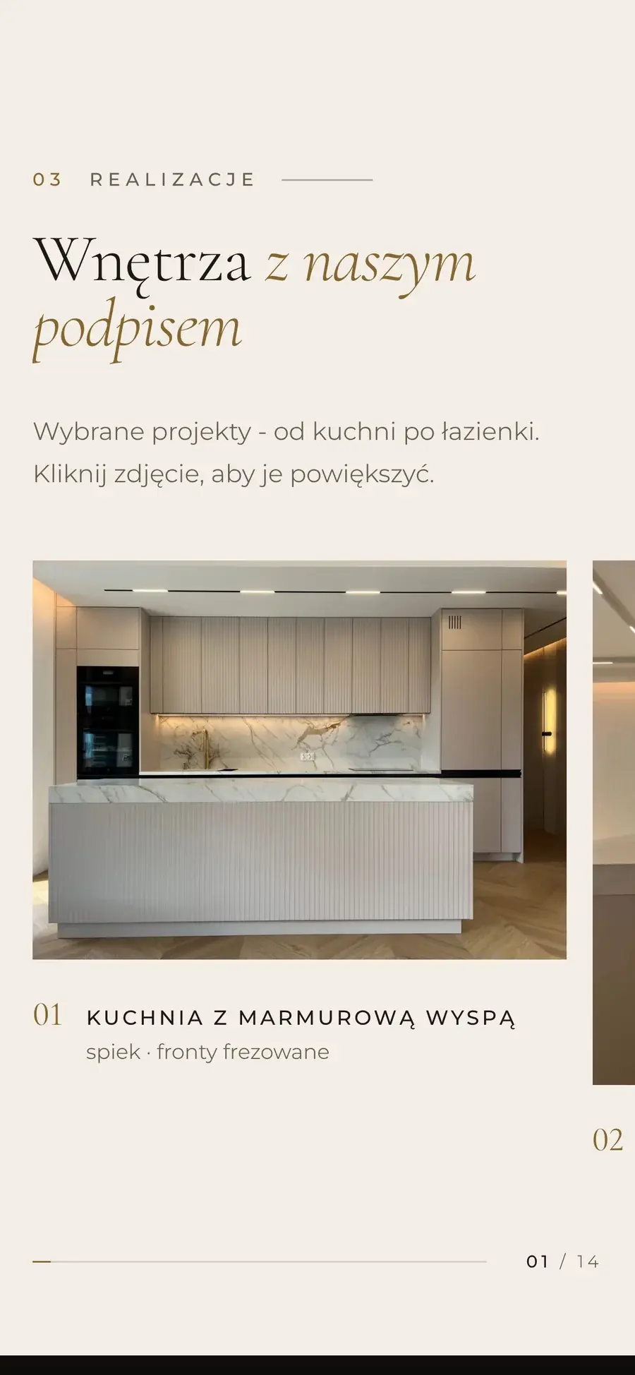 Galeria realizacji Tavaro Projects na telefonie, przewijana palcem w poziomie.
