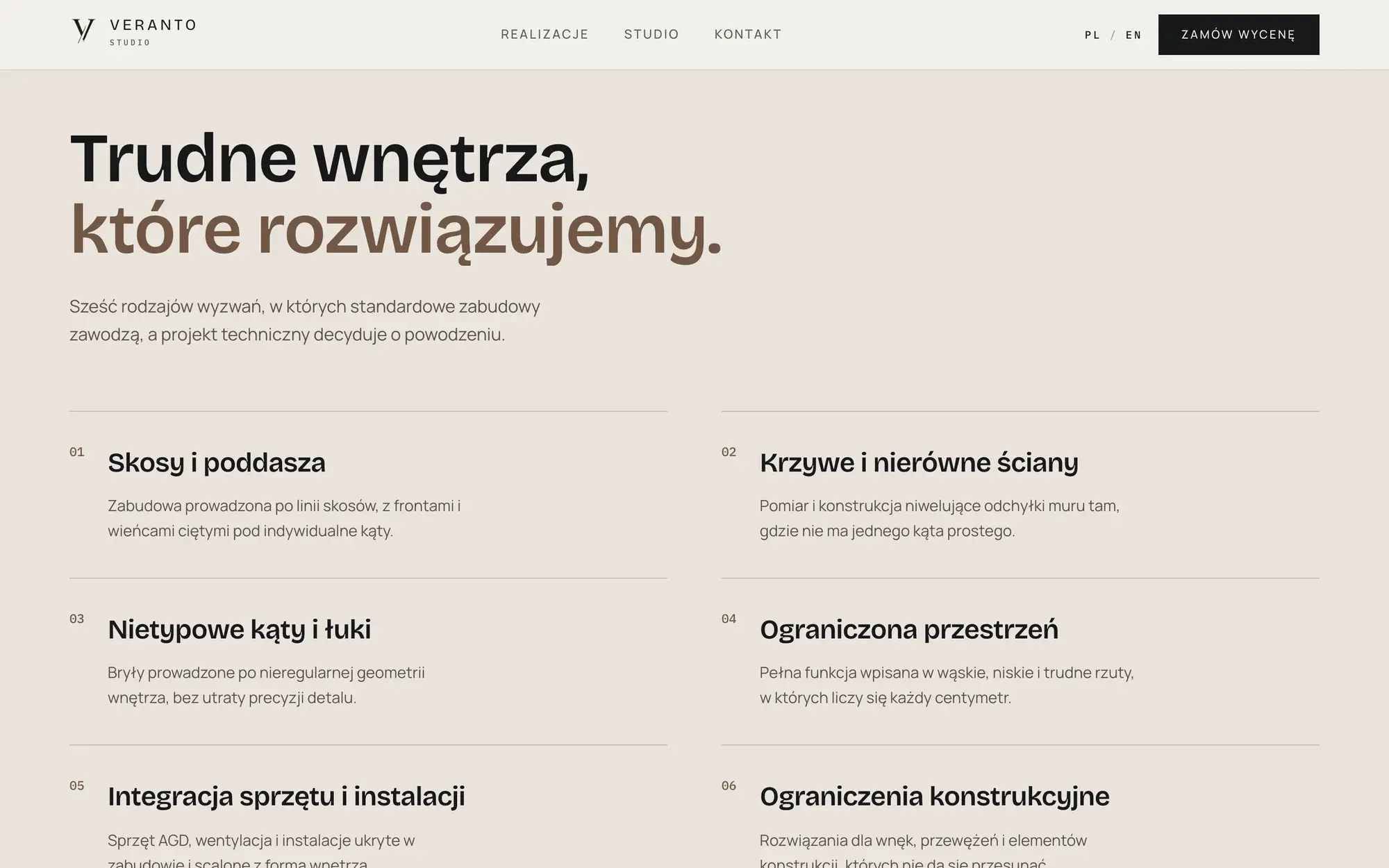 Sekcja „Trudne wnętrza, które rozwiązujemy.” na stronie VerantoStudio z listą typów przestrzeni.
