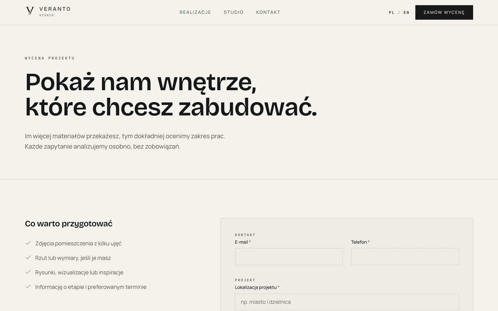 Osobna podstrona wyceny VerantoStudio z listą „Co warto przygotować” obok formularza.
