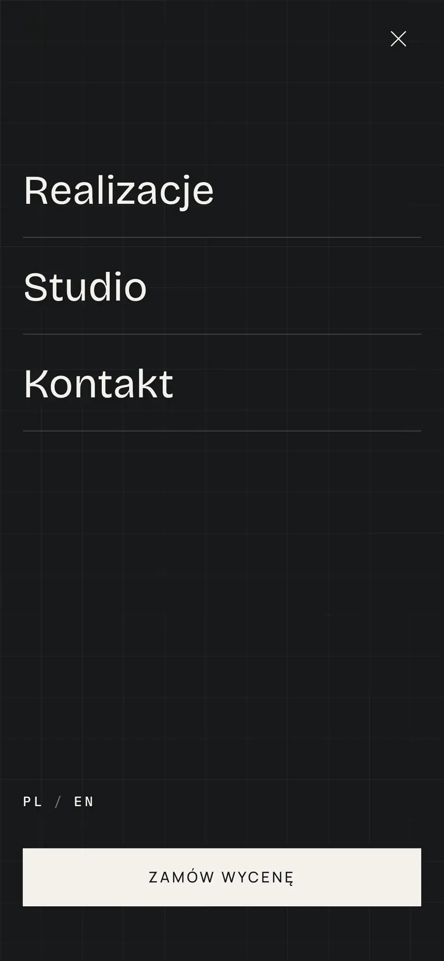 Otwarte menu mobilne VerantoStudio z przełącznikiem PL i EN oraz przyciskiem wyceny.
