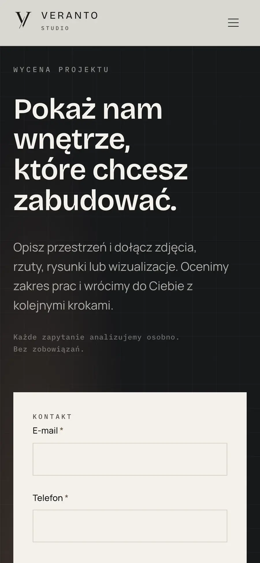 Początek formularza wyceny VerantoStudio na telefonie.