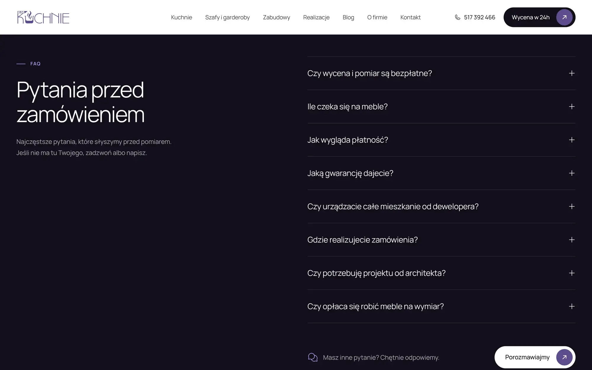 Sekcja DMKUCHNIE „Pytania przed zamówieniem” z rozwijanymi odpowiedziami.