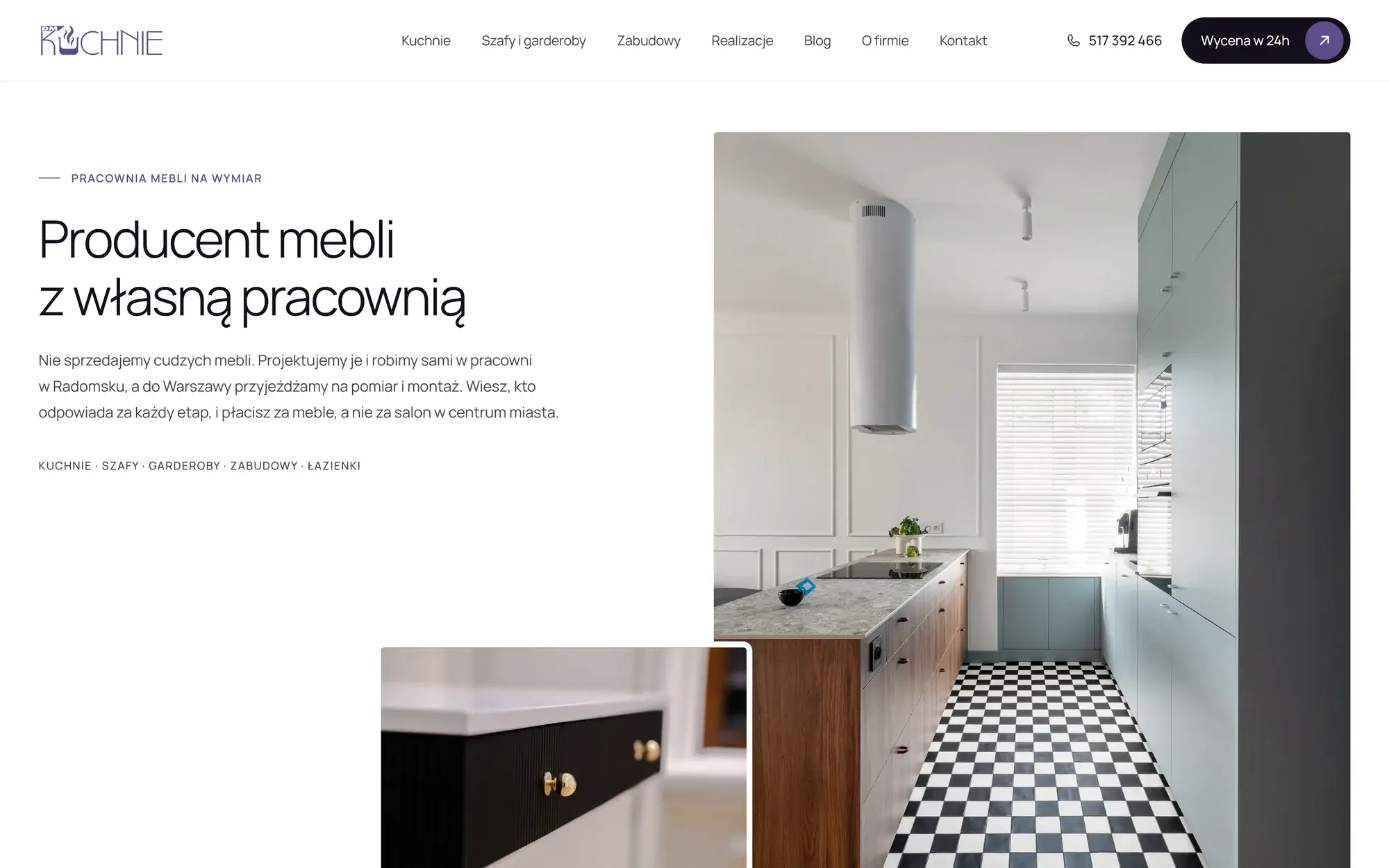 Sekcja „Producent mebli z własną pracownią” na stronie DMKUCHNIE ze zdjęciami realizacji.