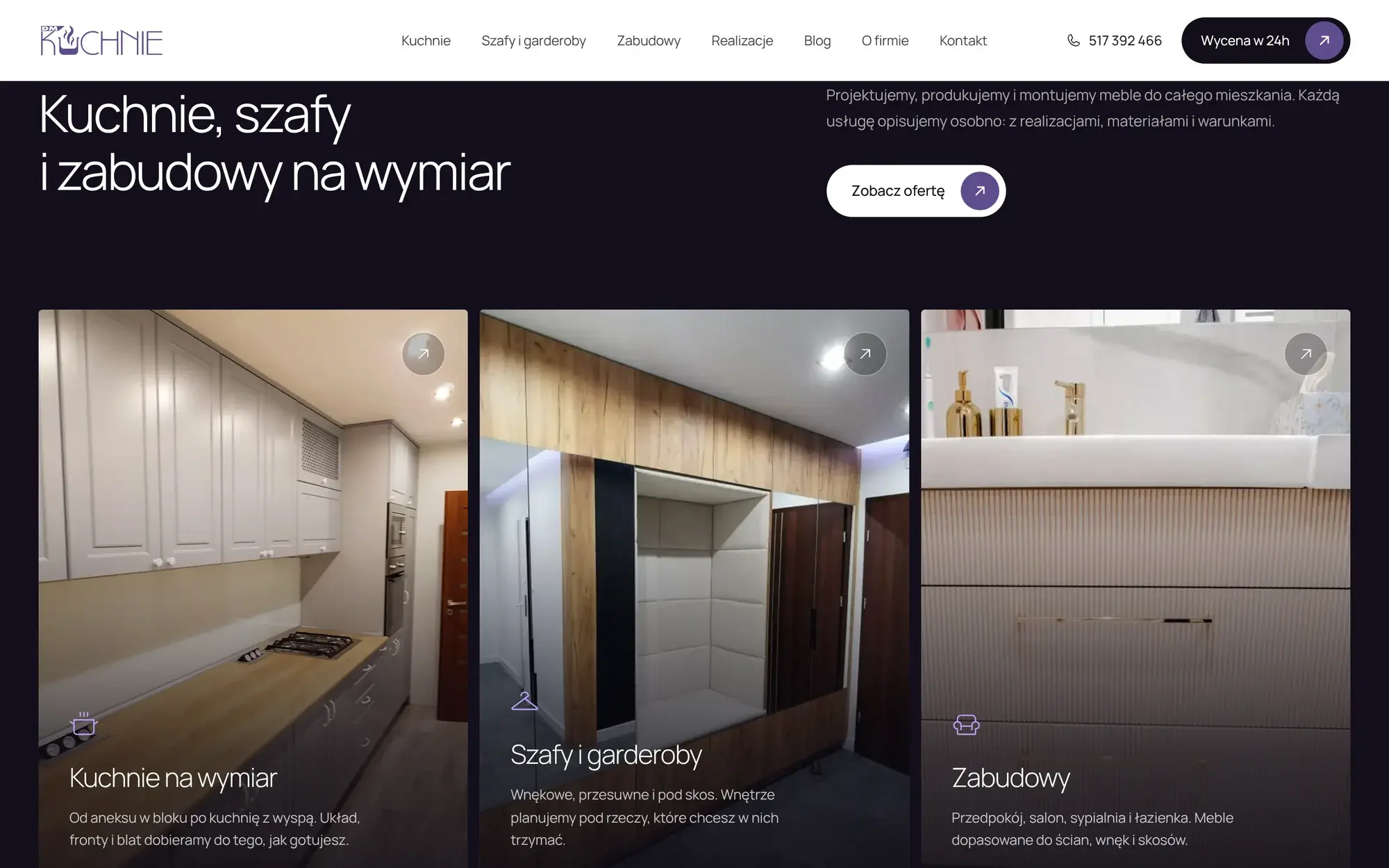 Sekcja oferty DMKUCHNIE z trzema kafelkami: kuchnie na wymiar, szafy i garderoby oraz zabudowy.