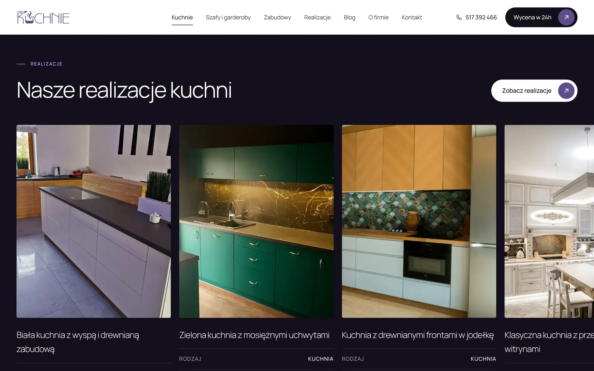 Karuzela realizacji kuchni na podstronie oferty DMKUCHNIE, przy każdej rodzaj i miejscowość montażu.