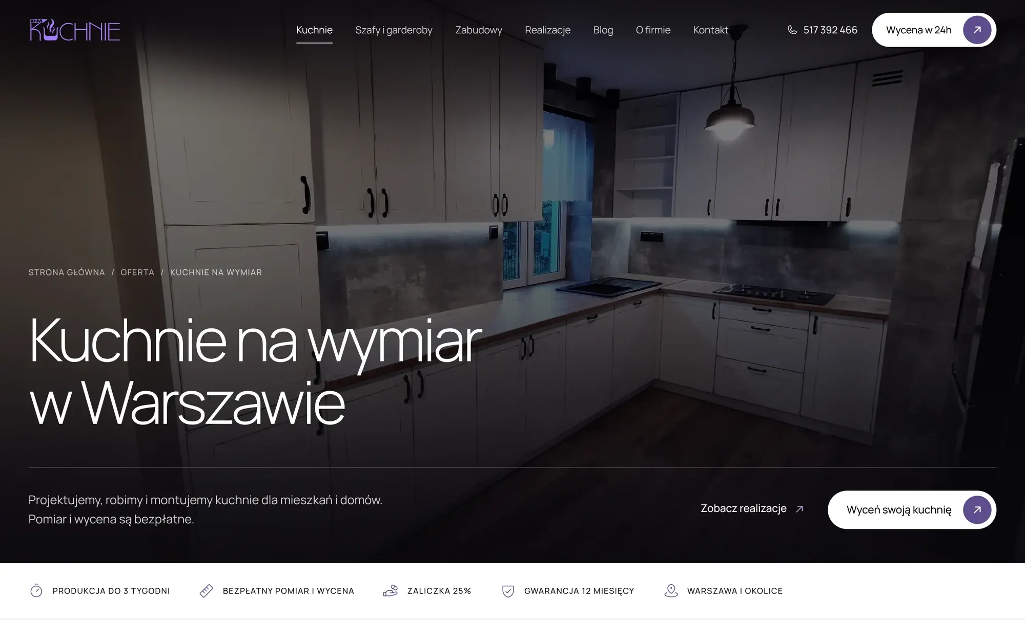Podstrona „Kuchnie na wymiar w Warszawie” w serwisie DMKUCHNIE z paskiem warunków współpracy pod pierwszym ekranem.