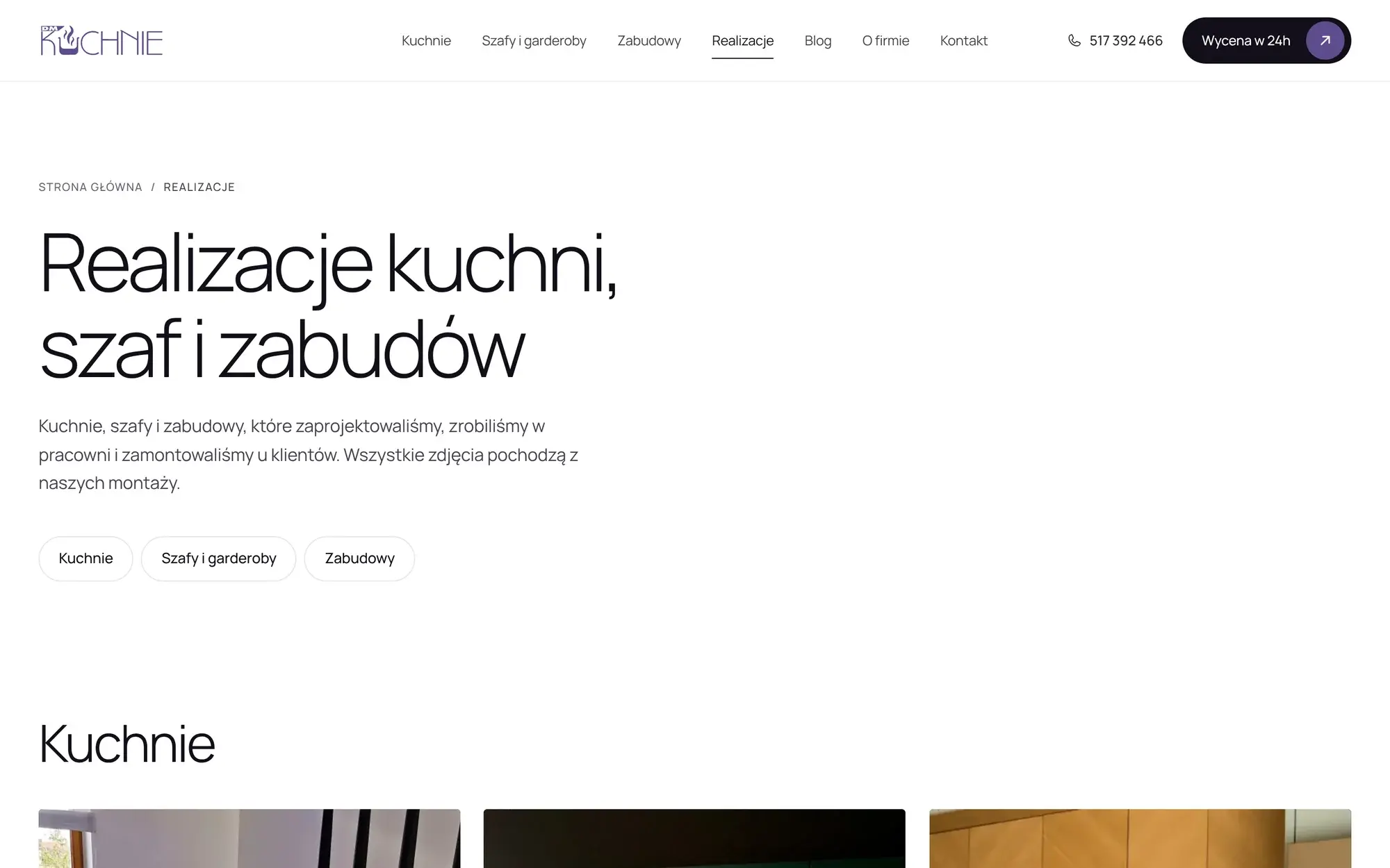 Strona „Realizacje kuchni, szaf i zabudów” w serwisie DMKUCHNIE z przejściami do kuchni, szaf i zabudów.