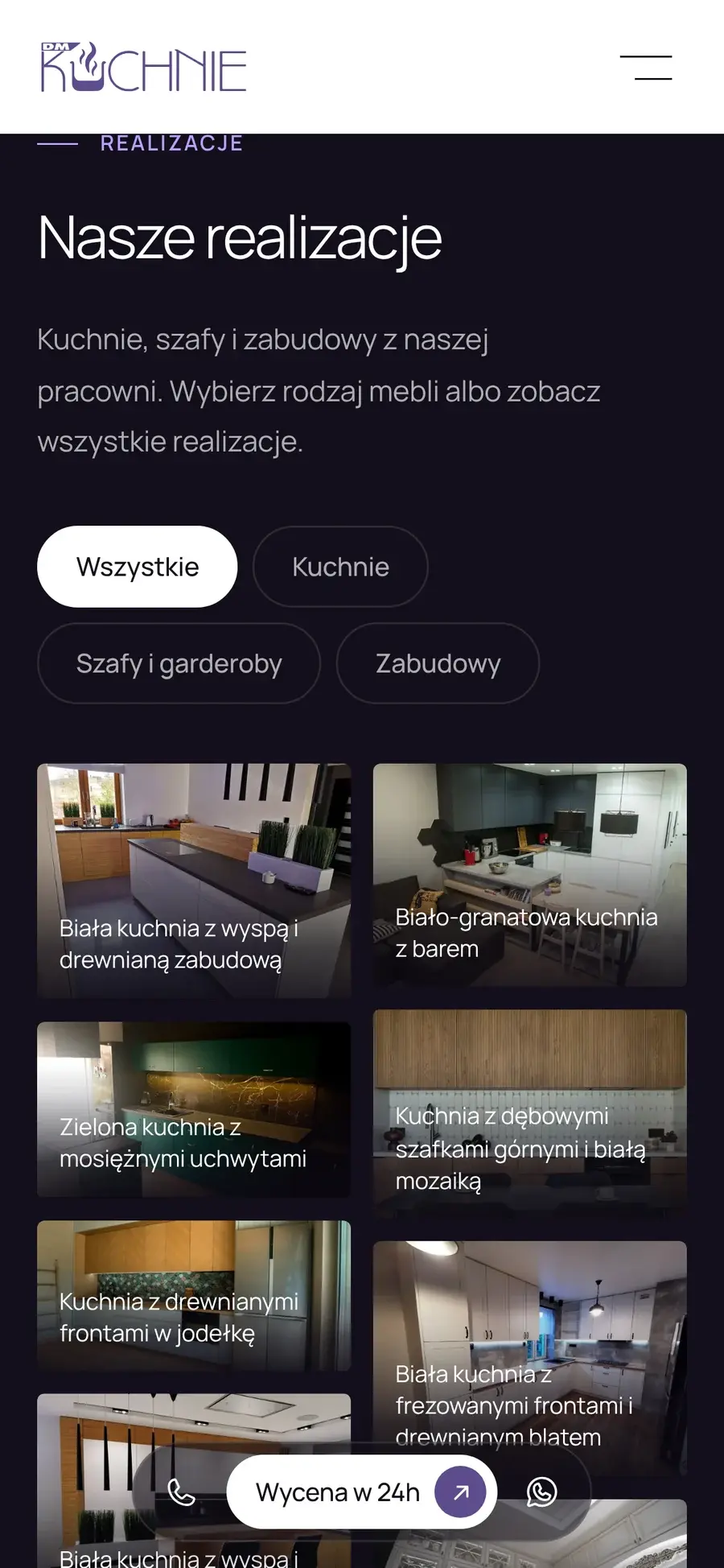 Realizacje DMKUCHNIE na telefonie: filtry w dwóch rzędach nad siatką zdjęć i przyklejony pasek kontaktu.