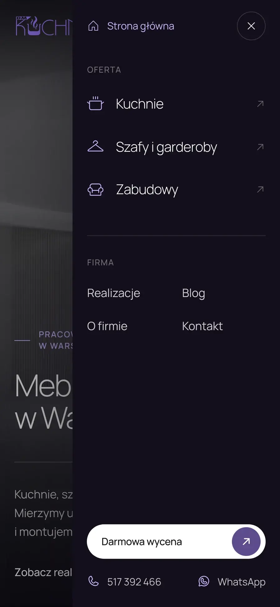 Otwarte menu mobilne DMKUCHNIE z ofertą, przyciskiem darmowej wyceny i WhatsAppem.