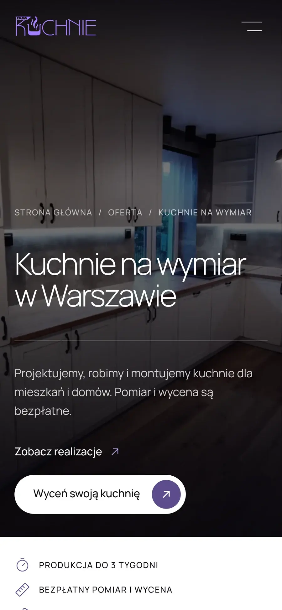 Podstrona kuchni na wymiar DMKUCHNIE na telefonie z przyciskiem „Wyceń swoją kuchnię”.
