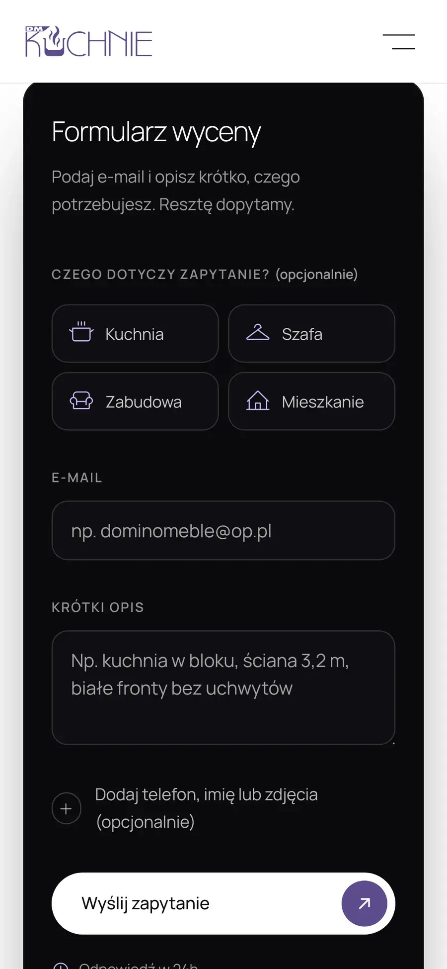 Formularz wyceny DMKUCHNIE na telefonie z kafelkami wyboru rodzaju mebli.