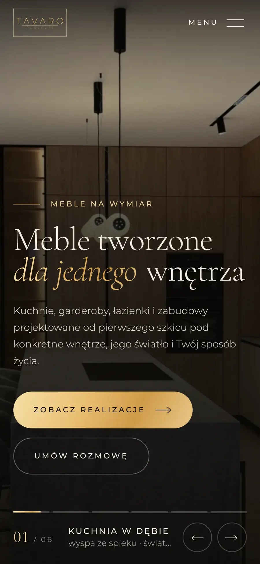 Strona Tavaro Projects na telefonie: pionowy kadr zdjęcia, nagłówek i dwa przyciski jeden pod drugim.
